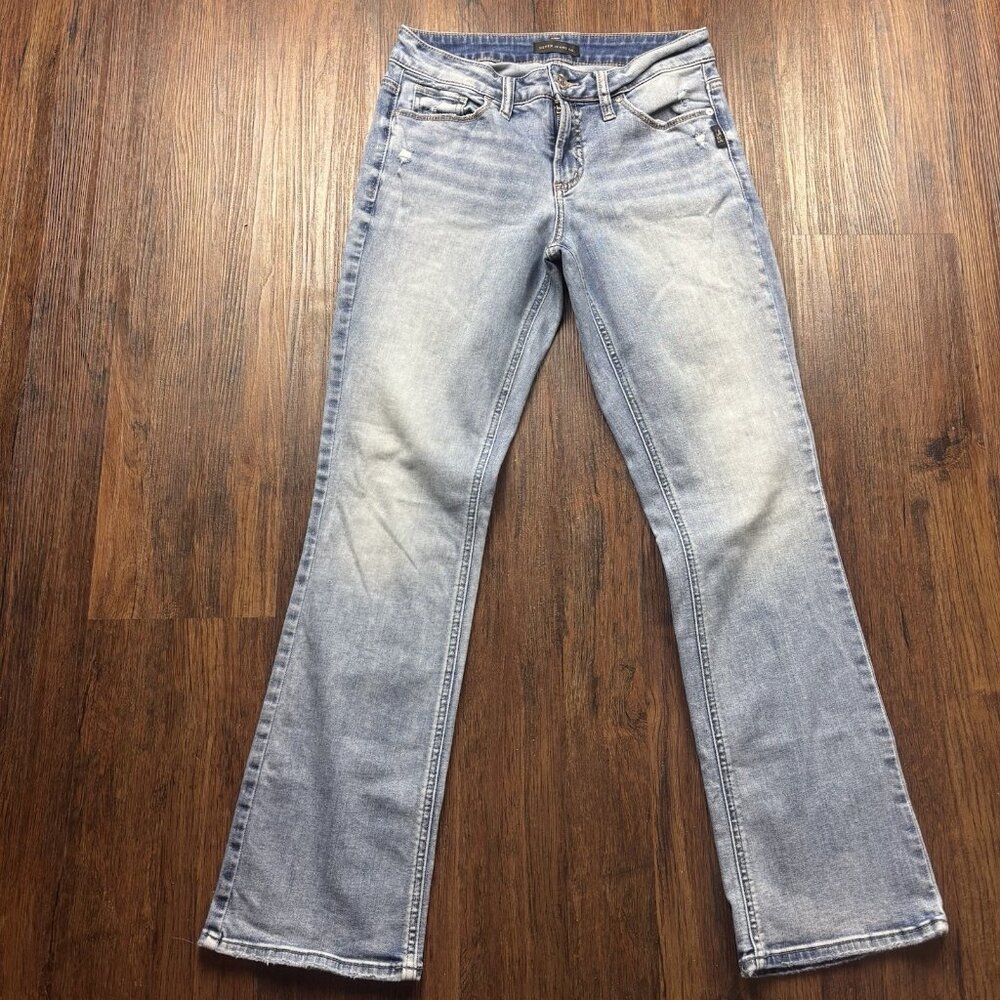 Silver Jeans Elyse Slim Boot Mid Rise Light Wash Jeans 30x33 Distressed